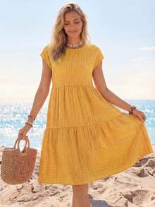 Sylviya 女式春夏纯色荷叶边下摆圆领短袖连衣裙 - 黃色 - 查看 3