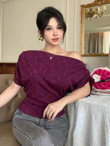 DAZY Women's Solid Color Batwing Short Sleeve Ruched Fashion T-Shirt Summer - Burgundy - View 7