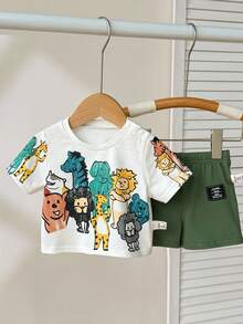 两件套新生儿休闲可爱趣味蜡笔动物印花圆领落肩宽松圆领针织上衣T恤针织短裤两件套，适合春夏居家穿着和外出穿着。 - 綠色 - 查看 6