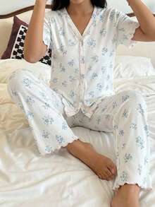 Elegant Ditsy Floral Short Sleeve Top And Pants 2 Pieces Casual Comfortable Pajama Set For Teenage Girls Flower Girl Pajama Teen Pajamas Short Set Summer Pajama Set - White - View 3