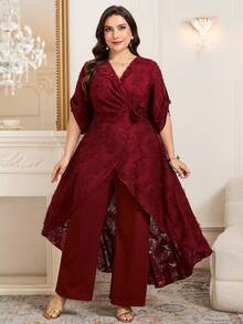 Reflora Plus Size Burgundy Elegant Wedding Jumpsuits For Women,Winter Crossover Wrap Ruched Waist Floral Decor Mid-Rise Jumpsuit, Party Outfits - Burgundy - View 6