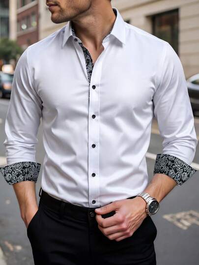 Manfinity Mode 2026 Spring/Summer Men's White Dress Shirt,Paisley Contrast Cuffs & Collar, Slim Fit Button Down For Business Casual & Date Night| Paisley Contrast Detail | Slim Fit | Office & Hangout Ready