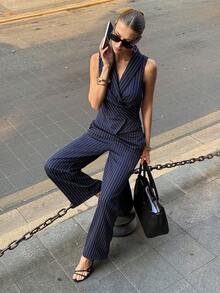 Siren Gaze Women's Navy Blue Striped 2-Piece Set, Casual Daily Wear, Summer Outfit, Business Casual, Teacher Attire, Office Wear, Women's 2-Piece Set With Sleeveless V-Neck Tie Blouse And Pants, Striped Women's 2-Piece Set,Navy Blue Set, Elegant 2-Piece Set,Summer Sets - Navy Blue - View 6
