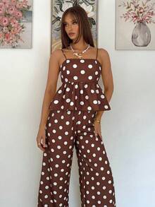 Siren Gaze 女士夏季休闲波点印花吊带背心和裤子两件套 - 棕色 - 查看 5