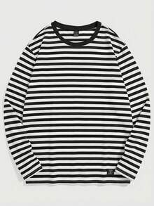 SWAVVY Casual White And Black Striped Drop Shoulder Long Sleeve T-Shirt For Men Knitted Fabric Round Neck Men Striped T Shirt Striped Shirts Striped Long Sleeve Mens Long Sleeve - White - View 1