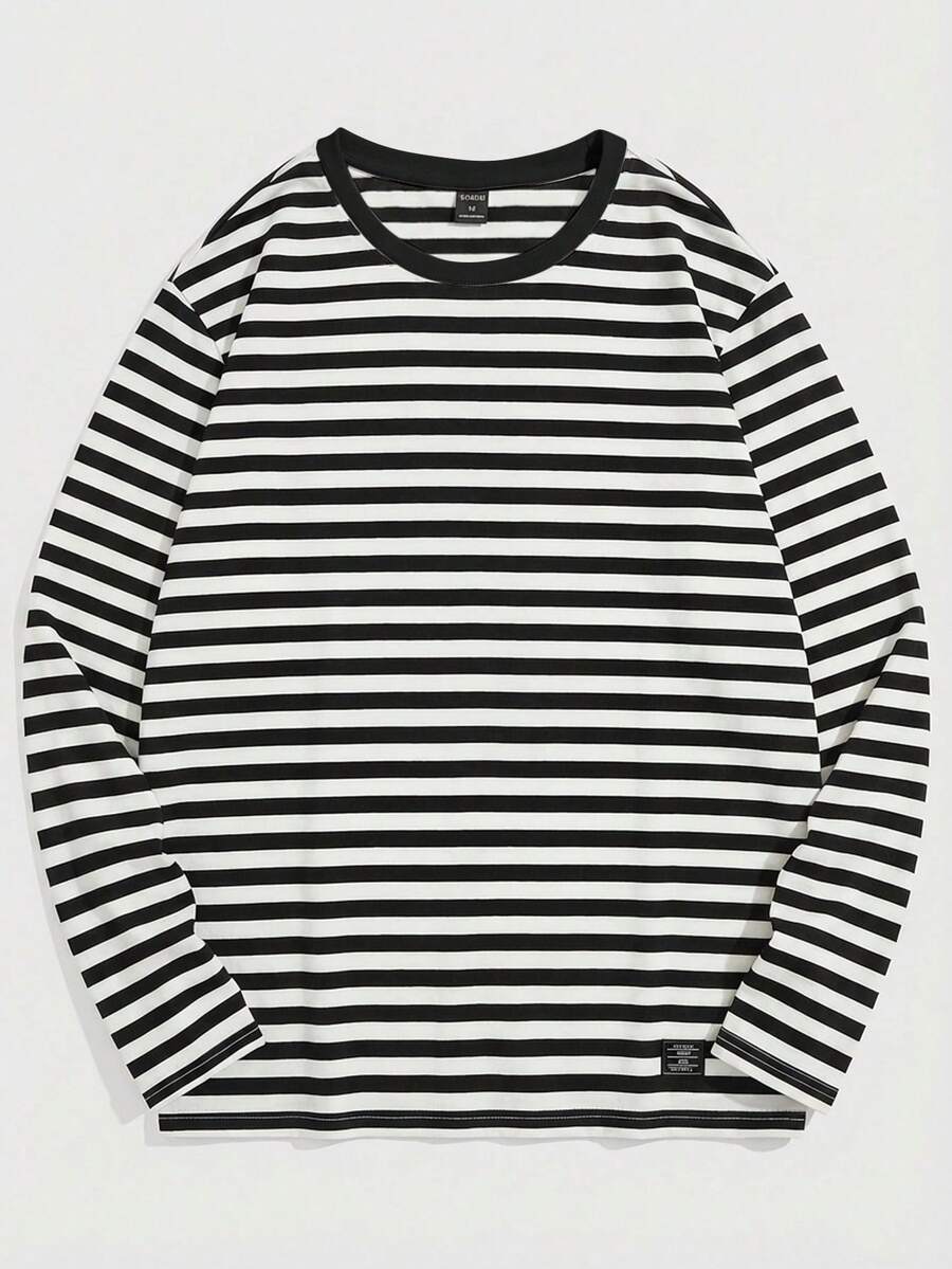 SWAVVY Casual White And Black Striped Drop Shoulder Long Sleeve T-Shirt For Men Knitted Fabric Round Neck Men Striped T Shirt Striped Shirts Striped Long Sleeve Mens Long Sleeve - White - View 1