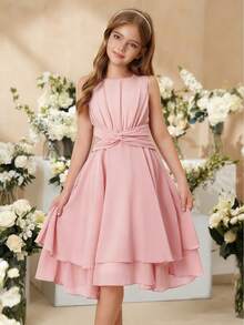 SHEIN Đầm midi không tay màu tím nhạt thanh lịch, đáng yêu dành cho bé gái tuổi teen, thích hợp cho các bữa tiệc, kỳ nghỉ, dịp trang trọng, đám cưới, sinh nhật, biểu diễn và các sự kiện khác. - Hồng - Xem 5