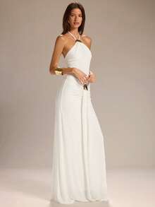 SHEIN BAE Đầm chữ A màu trắng trơn dành cho nữ, kiểu cổ yếm buộc dây eo, trang trí khóa kim loại, thích hợp cho đám cưới. - trắng - Xem 5