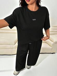 Solflare Bộ đồ mặc nhà 2 món thoải mái dành cho nữ Bộ áo phông cardigan dệt kim họa tiết cỡ lớn + quần ống rộng - màu đen - Xem 4