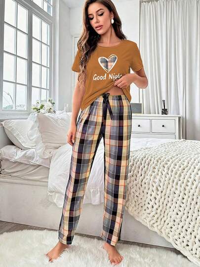 Women's Slogan Heart Print Round Neck Short Sleeve T-Shirt And Plaid Pants Pajama Set