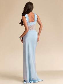 SHEIN BAE 女士蓝色蕾丝拼接无袖A字连衣裙，优雅大方，适合婚礼宾客、派对、度假、宴会、晚宴、浪漫约会等场合。 - 藍色 - 查看 2