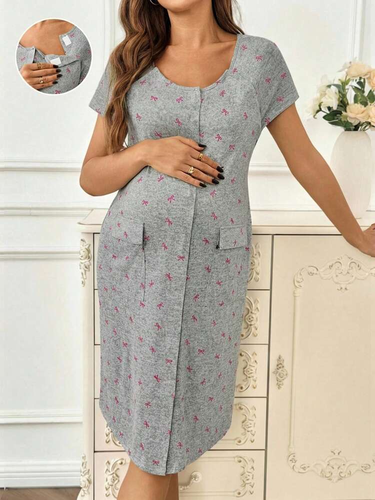 Slowluna Maternity Bow Print Short Sleeve Dress Nursing Dresses Maternity Dress Summer Maternity Two Piece Sets Labor And Delivery Gown Maternity Clothes Two Piece Suits - Pink - View 6