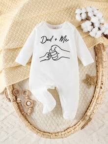 SHEIN Newborn Letter Print Long Sleeve Footed Jumpsuit, Cute Style, Simple & Fashionable, White Background - White - View 3