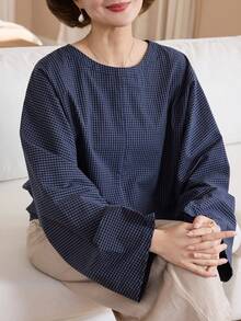 Livesso Women's Loose Plaid Batwing Sleeve Shirt - Blue - View 2