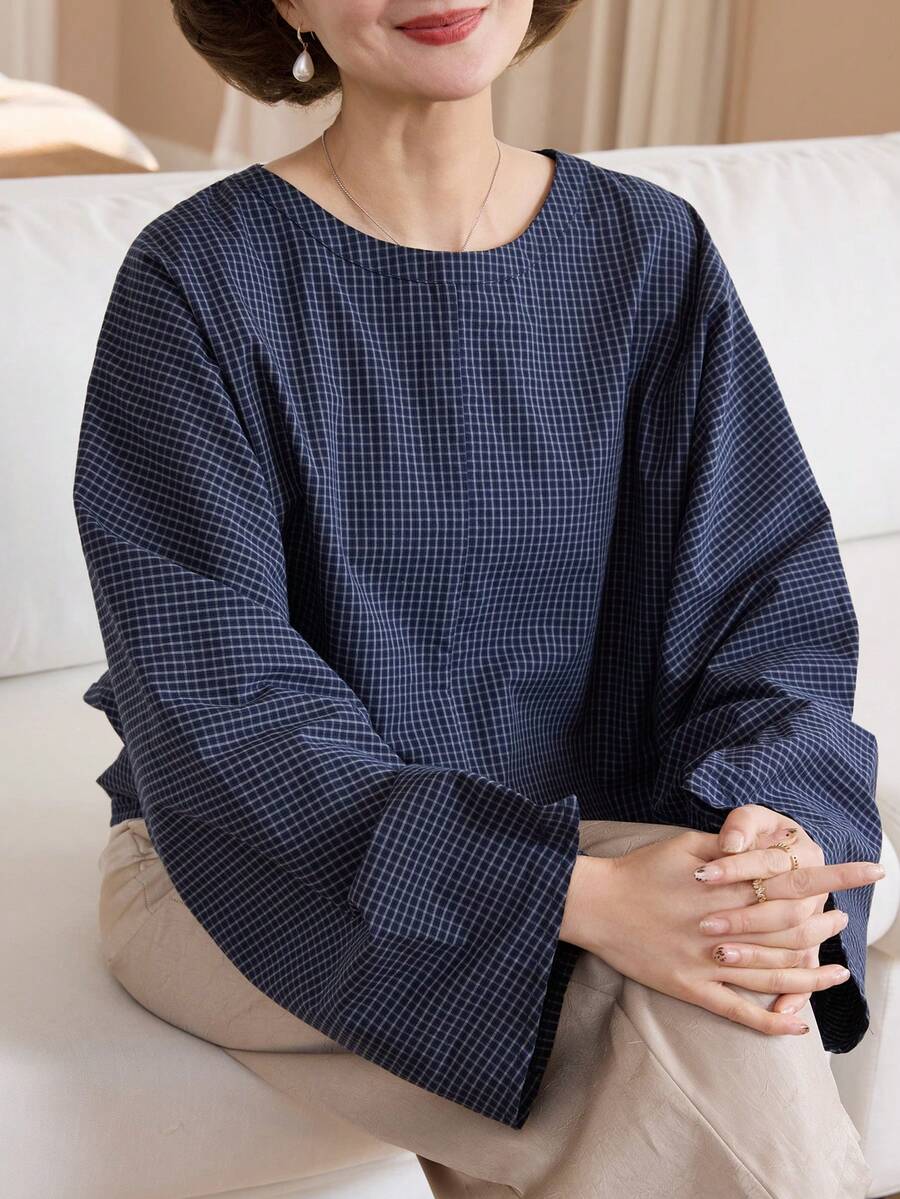 Livesso Women's Loose Plaid Batwing Sleeve Shirt - Blue - View 1