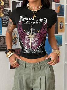 SHEIN HypeZone Y2K Women's Graphic Print Rhinestone Embellished Short Sleeve T-Shirt, Summer - Black - View 4