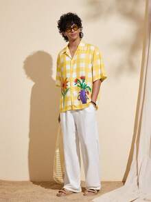 Felipe Marques 男士花卉格纹印花撞色短袖宽松衬衫，黄色格纹休闲衬衫，适合海岛度假、派对、波西米亚风、秋冬季穿着 - 彩色 - 查看 1