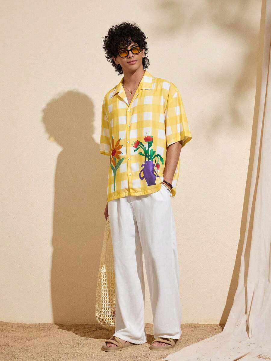 Felipe Marques 男士花卉格纹印花撞色短袖宽松衬衫，黄色格纹休闲衬衫，适合海岛度假、派对、波西米亚风、秋冬季穿着 - 彩色 - 查看 1
