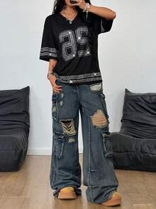 Coolane Áo thun nữ cỡ lớn mùa hè dáng rộng, họa tiết kim cương Y2K, chất liệu jersey mềm mại, đính đá lấp lánh, thích hợp cho các bữa tiệc và phong cách đường phố. - màu đen - Xem 4