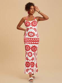 Travachic Vestido casual de mujer con cuello halter y estampado floral para vacaciones, conjuntos de verano para mujer, atuendos de playa para mujer, mujer, atuendo de concierto para mujer, bohemio, atuendos de rave, vacaciones tropicales, festival, vestidos de verano románticos para mujer, vestidos bohemios para mujer, vestidos tropicales para mujer, vestidos de mujer para vacaciones, nuevos lanzamientos, vestido de mujer, vacaciones tropicales, atuendos bohemios, atuendos de Ibiza, estilo occidental - Rojo y blanco - Ver 5