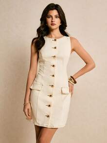 Poéselle Đầm denim nữ dáng suông tối giản cài cúc phía trước, không tay, thích hợp cho mùa hè. - trắng - Xem 4