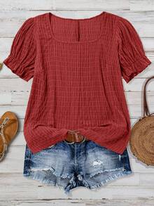 SHEIN VCAY Plus Size Plain Simple Short Sleeve Shirt - Dusty Pink - View 1