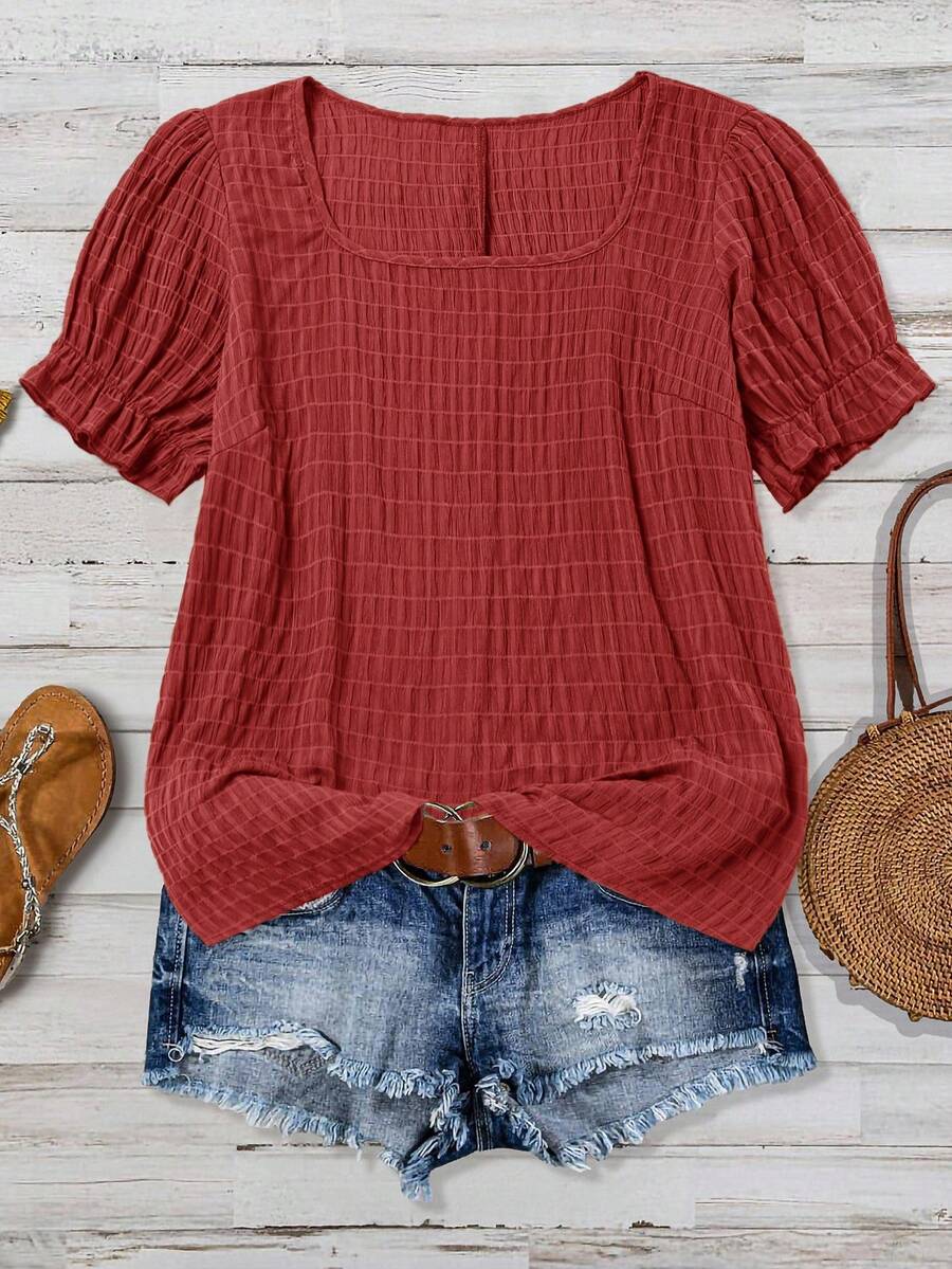SHEIN VCAY Plus Size Plain Simple Short Sleeve Shirt - Dusty Pink - View 1