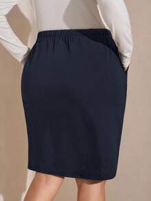 SHEIN LUNE Plus Size Solid Color Twist Pocket Elegant Office Skirt Fall - Blue - View 2