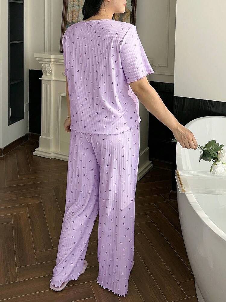 Dazy Plus Plus Size Bow Tie Print Button Front Short Sleeve Top And Pants Pajama Set