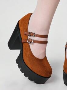ROMWE Fairycore Women Pumps - Brown cloth surface + double bag. - View 3