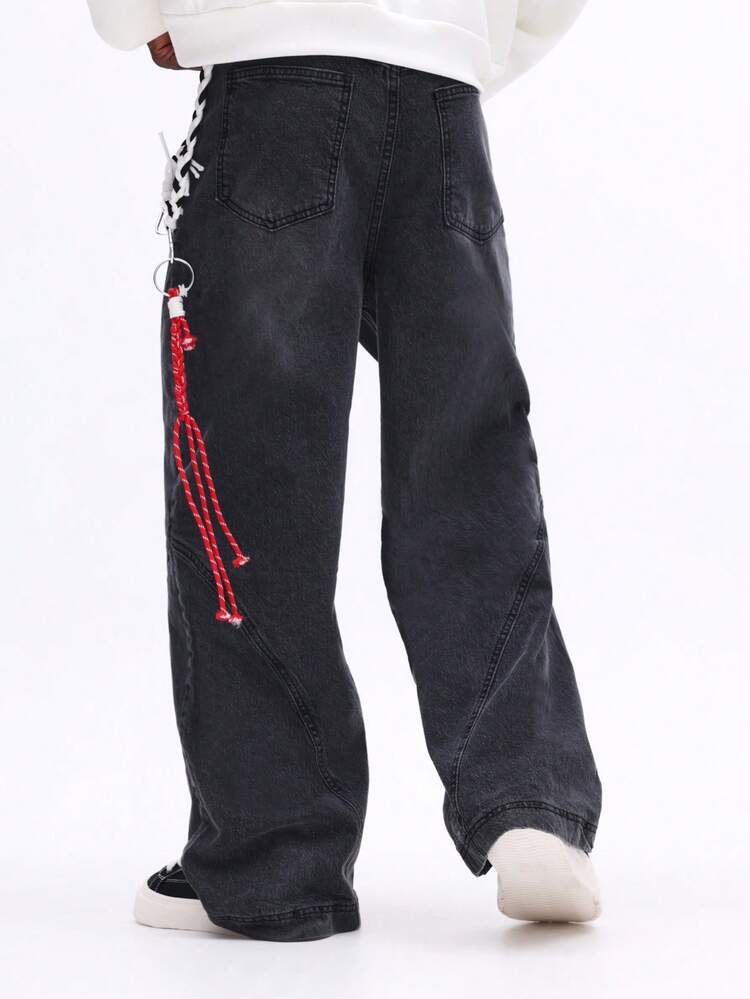 SUMWON Baggy Wide Leg Seamed Jeans With Chain Detail And Distressed Vintage Washed Denim For Streetwear Fashion Plain