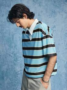 ROMWE MEN Casual Áo thun nam tay ngắn kẻ sọc cổ lệch vai, kiểu dáng thường ngày - Màu xanh lam - Xem 6