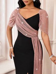 SHEIN Lady Petite Abito elegante da donna di taglia petite, con scollo a cuore, maniche corte a raglan, con paillettes, in rete, con volant laterali e spacco, in colori a contrasto - nero - Visualizzare 4