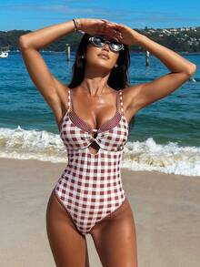 Swim Mod Women's Plaid One-Piece Swimsuit With Spaghetti Straps, Suitable For Beach Vacation, Spring/Summer - Multicolor - View 1