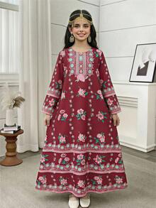 Tween Girl Flare Sleeve Long Sleeve Dress, Round Neck Long Digital Floral Print Woven Dress, Fashionable Retro Party Holiday - Black - View 3