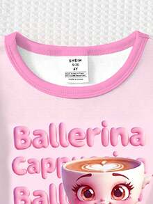 1 Conjunto de Pijama para Niñas Jóvenes con Parte Superior de Manga Larga de Punto Ajustada con Cuello y Puños a Contraste con Estampado de Corazones y Niñas, y Pantalones con Estampado Completo - Rosa - Ver 4