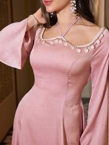 Modelyn Women's Elegant Romantic Long Dress With Embossed Texture, Cinched Waist, A-Line Silhouette, Long Sleeve, Spring/Summer - Pink - View 3