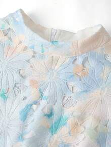 Amorya Women's Mandarin Collar Light Blue Floral Water-Soluble Embroidered Long Sleeve Elegant Mini Dress,Autumn Party Weddings & Events Short Floral Dress - Multicolor - View 9