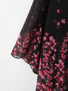 Lacomfia 两件套雪纺随机印花宽松休闲上衣和裤子套装，时尚大码女装 - 黑色 - 查看 3