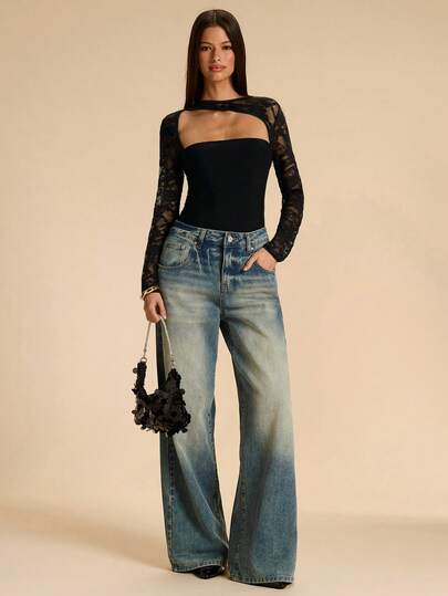 SHEIN BAE Body asimétrico de manga larga con encaje y malla para mujer, body de encaje negro, primavera/verano