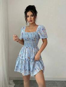 Rafferiza 女士优雅方领喇叭袖荷叶边短连衣裙，夏季 - 淺藍色 - 查看 5