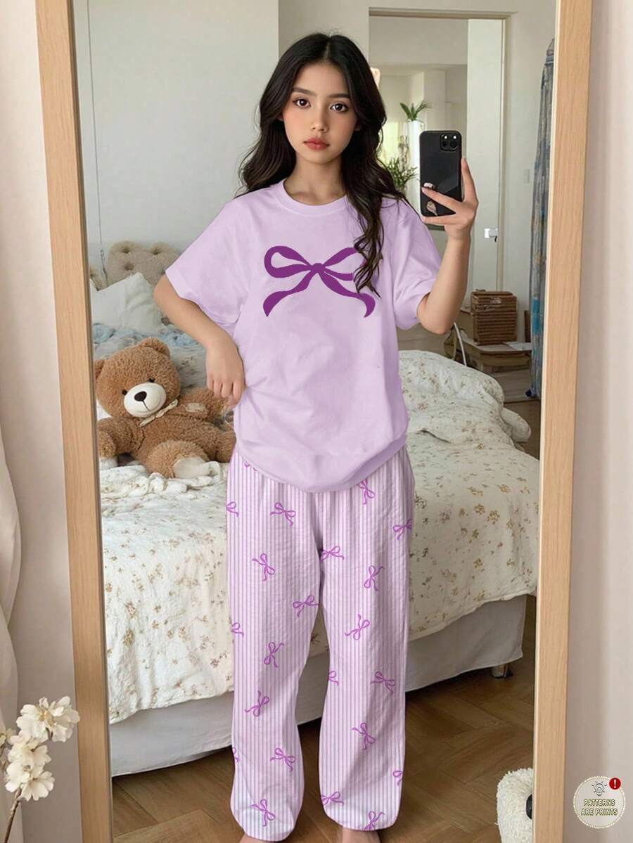 Purple Striped Bow Print, Tween Girls Casual Loungewear Set, Round Neck Short Sleeve Top And Loose Pants, 2pcs,Kids - Multicolor - View 1