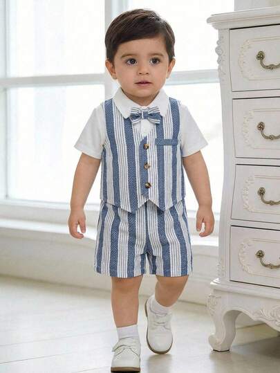 SHEIN 男婴休闲套装，海军蓝条纹背心、白色短袖针织Polo衫和短裤，绅士套装，适合春夏穿着，生日派对、庆典、婚礼、婴儿派对等场合。