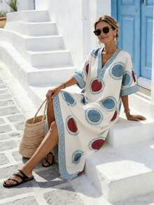 Breezaya Women's Elegant Retro Print V-Neck Loose Drop Shoulder Mid-Sleeve Dress - Multicolor - View 6