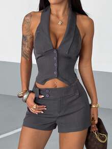 StreetHx 2pcs/Set Women Streetwear Sleeveless Backless Tie-Up Crop Top And Low Waist Shorts, Summer - Dark Grey - View 4