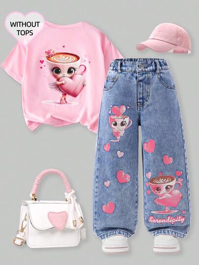Young Girl Fashionable Snowflake Cartoon Pattern Pocket Loose Wide-Leg Casual Jeans Cutesy Clothes