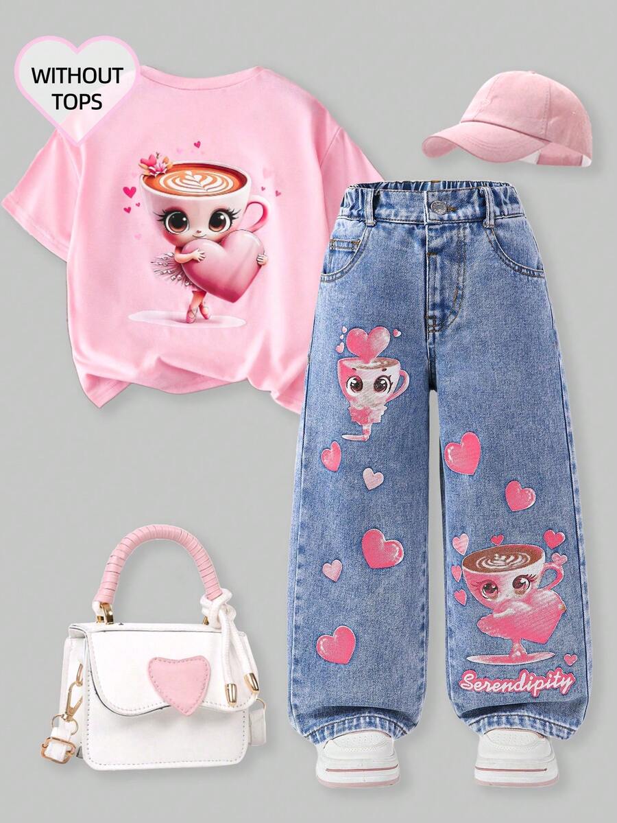 Young Girl Fashionable Snowflake Cartoon Pattern Pocket Loose Wide-Leg Casual Jeans Cutesy Clothes - Blue - View 1