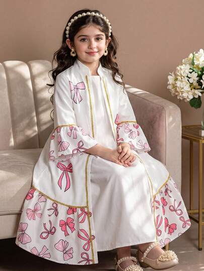 Middle Eastern Style Spring/Autumn New Fashion Elegant Girls 2-Piece Set: Long Sleeve Cardigan Jacket + Sleeveless Long Dress, Suitable For Daily Wear And Formal Occasions