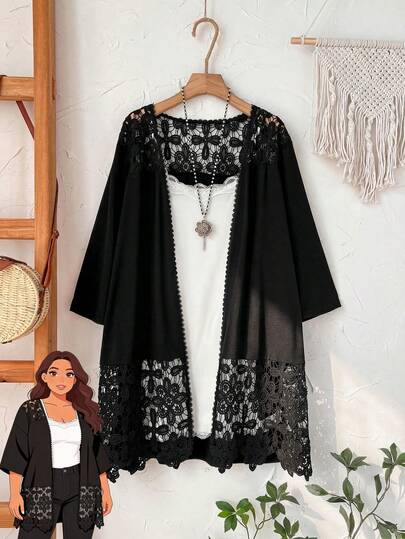 EMERY ROSE Abrigo holgado de manga larga con parches de encaje floral para mujer de talla grande, estilo campestre para verano/vacaciones primavera, color negro