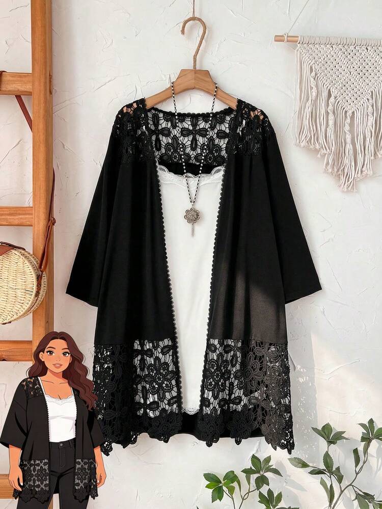 Plus Size Women Floral Lace Patchwork Long Sleeve Loose Open Front Coat For Summer/ Vacation Spring Country Style For Women Black